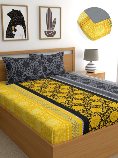 Dreamscape Wrinkle and Fade Resistant 140 GSM Floral Bedsheet Set - Colour: Yellow