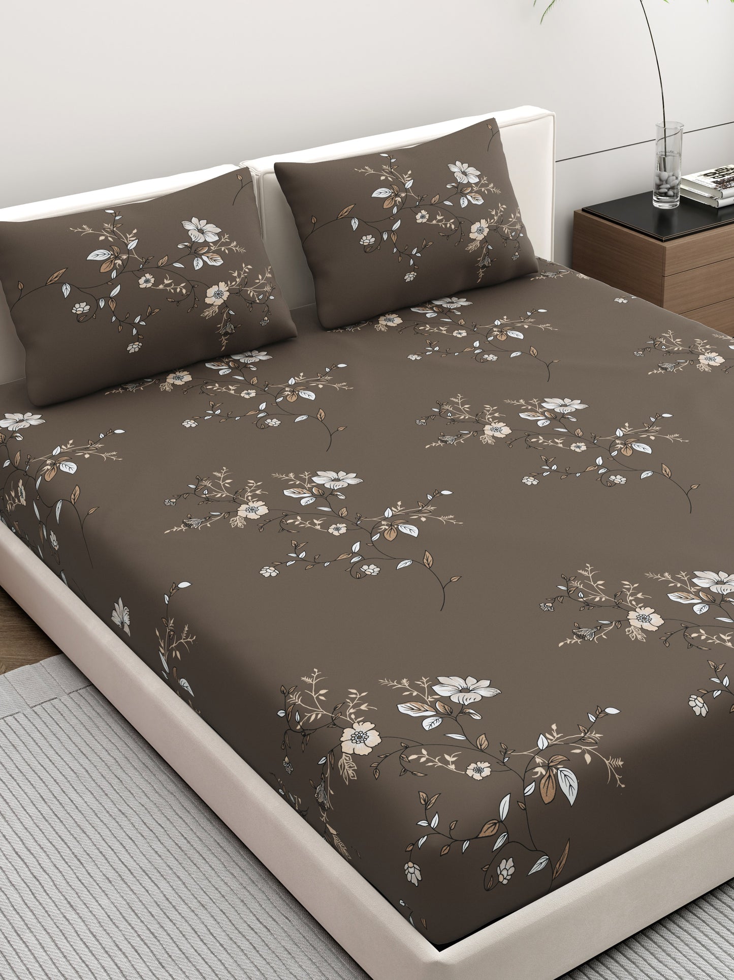 Dreamscape Wrinkle Free Floral Bedsheet Set | 120 GSM | Dark Brown
