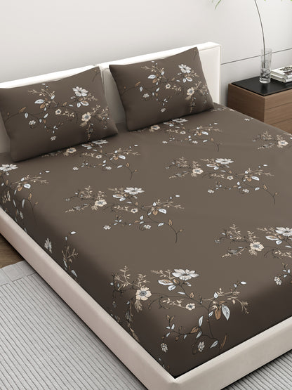Dreamscape Wrinkle Free Floral Bedsheet Set | 120 GSM | Dark Brown