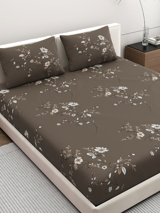 Dreamscape Wrinkle Free Floral Bedsheet Set | 120 GSM | Dark Brown