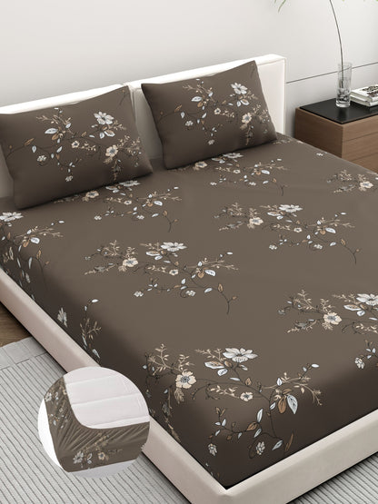 Dreamscape Wrinkle Free Floral Bedsheet Set | 120 GSM | Dark Brown