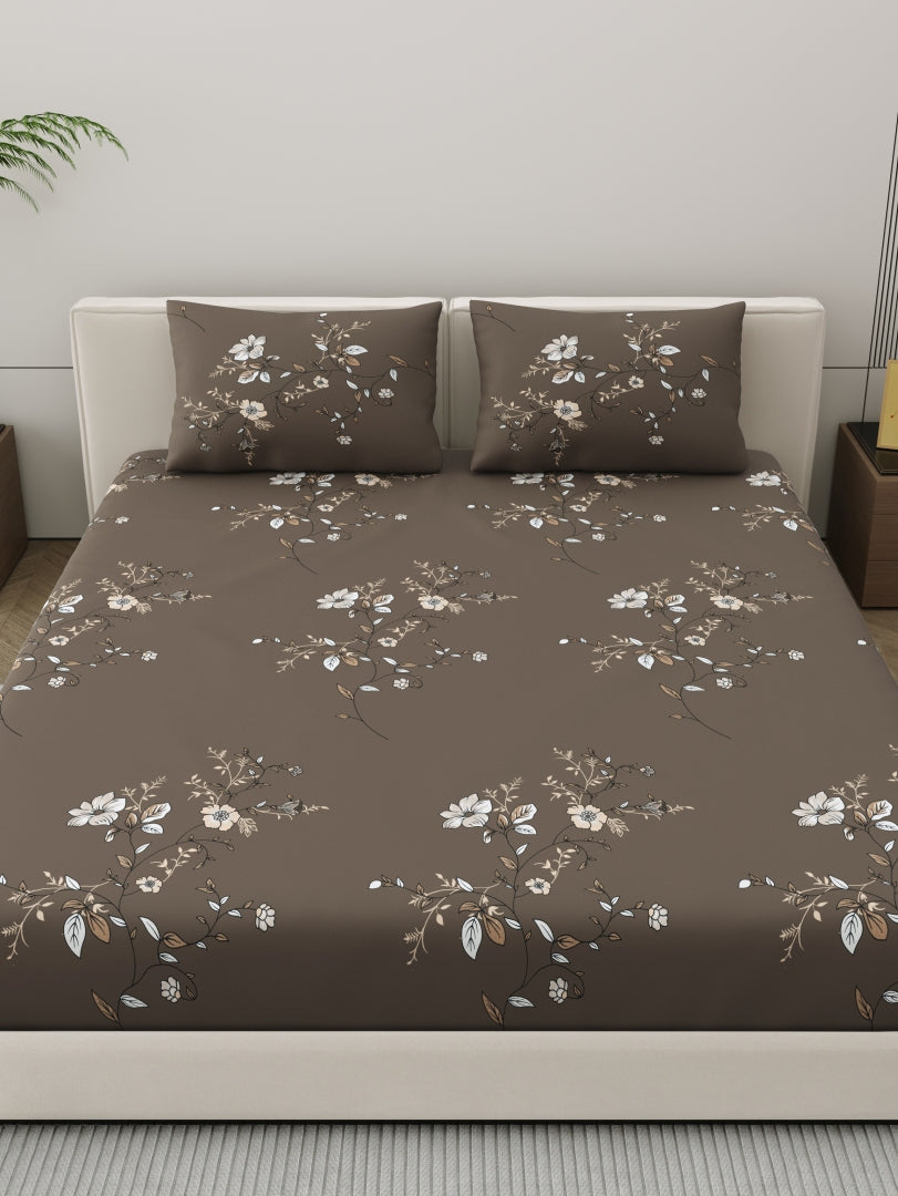 Dreamscape Wrinkle Free Floral Bedsheet Set | 120 GSM | Dark Brown
