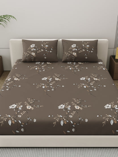 Dreamscape Wrinkle Free Floral Bedsheet Set | 120 GSM | Dark Brown