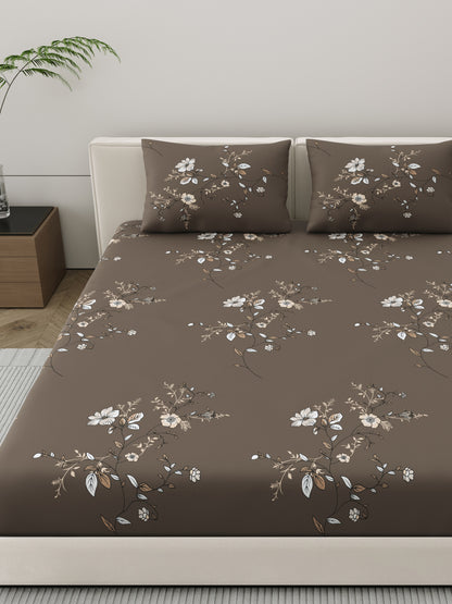 Dreamscape Wrinkle Free Floral Bedsheet Set | 120 GSM | Dark Brown