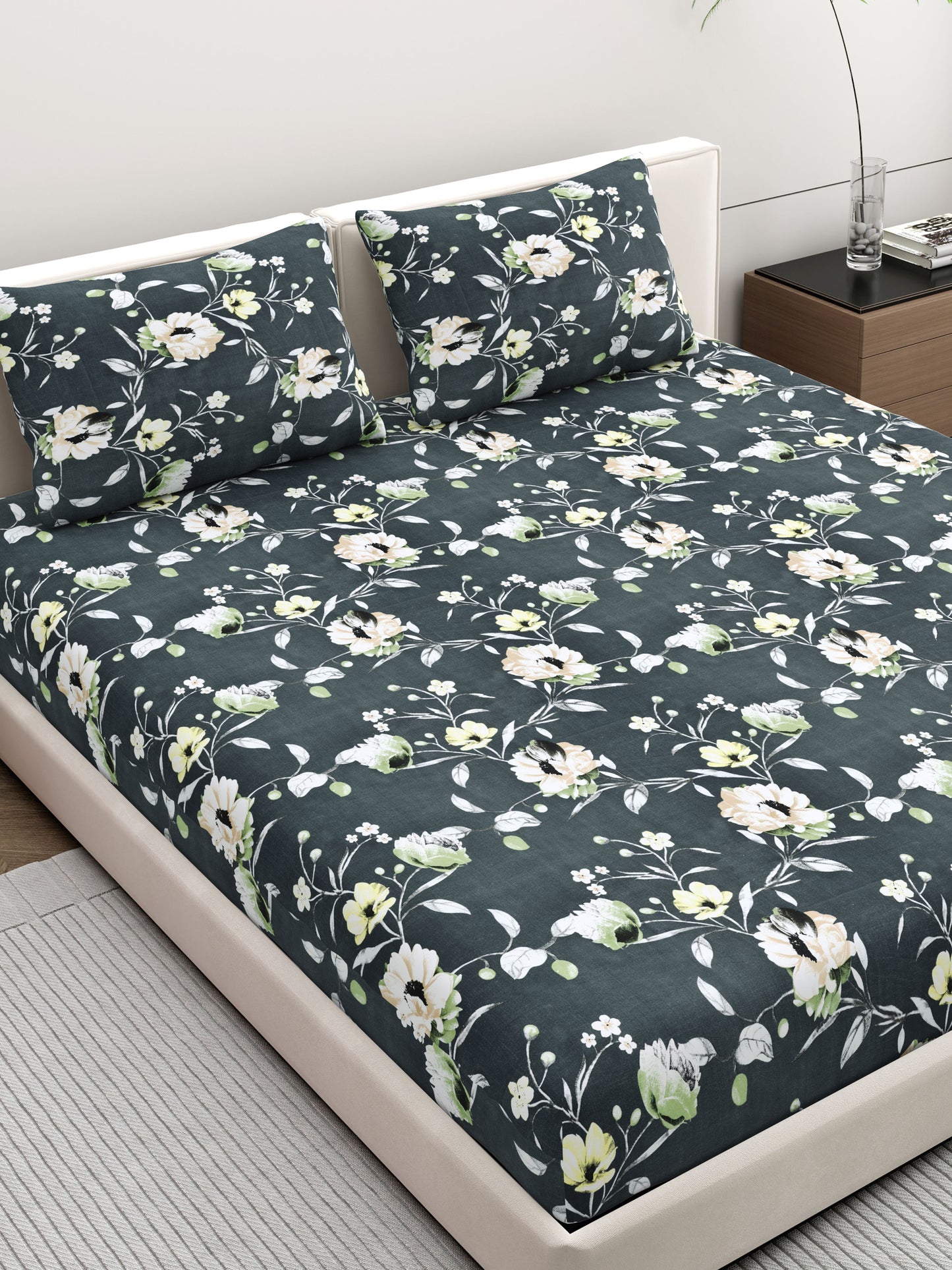 Dreamscape Wrinkle Free Floral Bedsheet Set | 120 GSM | Dark Grey