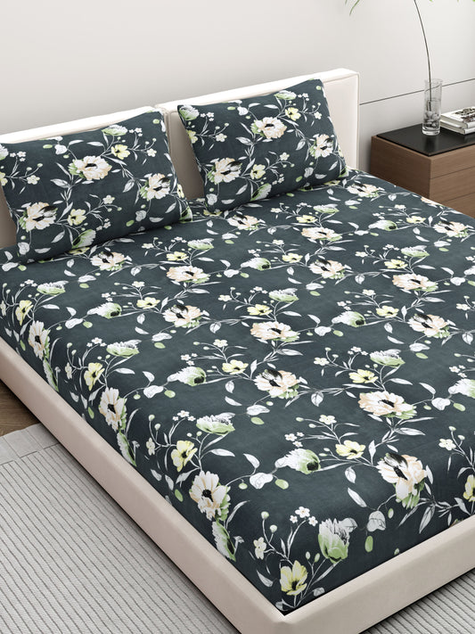 Dreamscape Wrinkle Free Floral Bedsheet Set | 120 GSM | Dark Grey