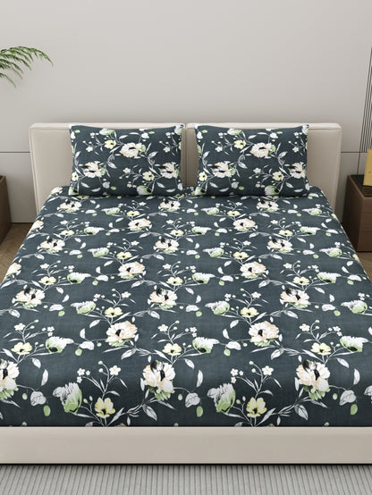 Dreamscape Wrinkle Free Floral Bedsheet Set | 120 GSM | Dark Grey