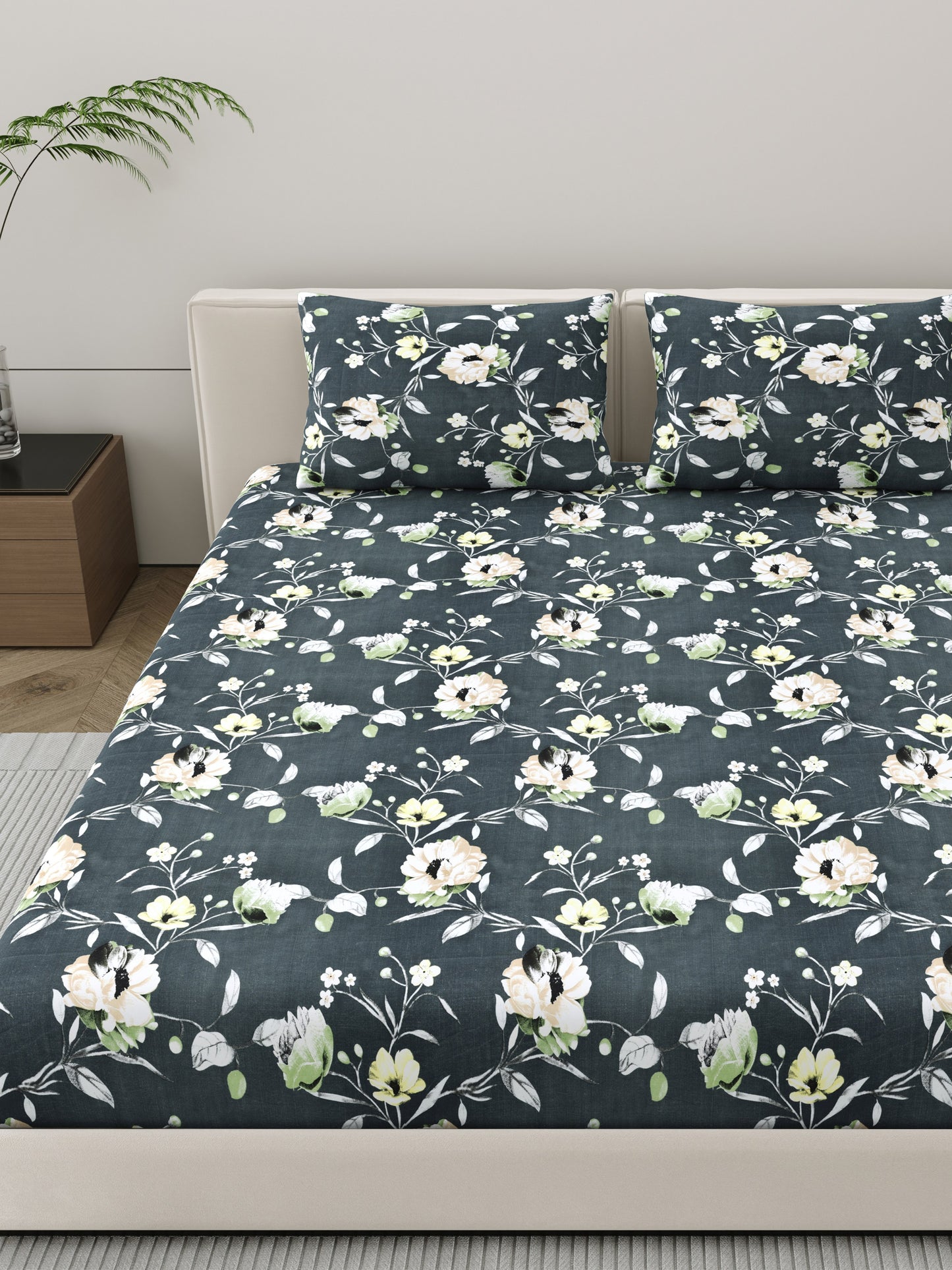 Dreamscape Wrinkle Free Floral Bedsheet Set | 120 GSM | Dark Grey