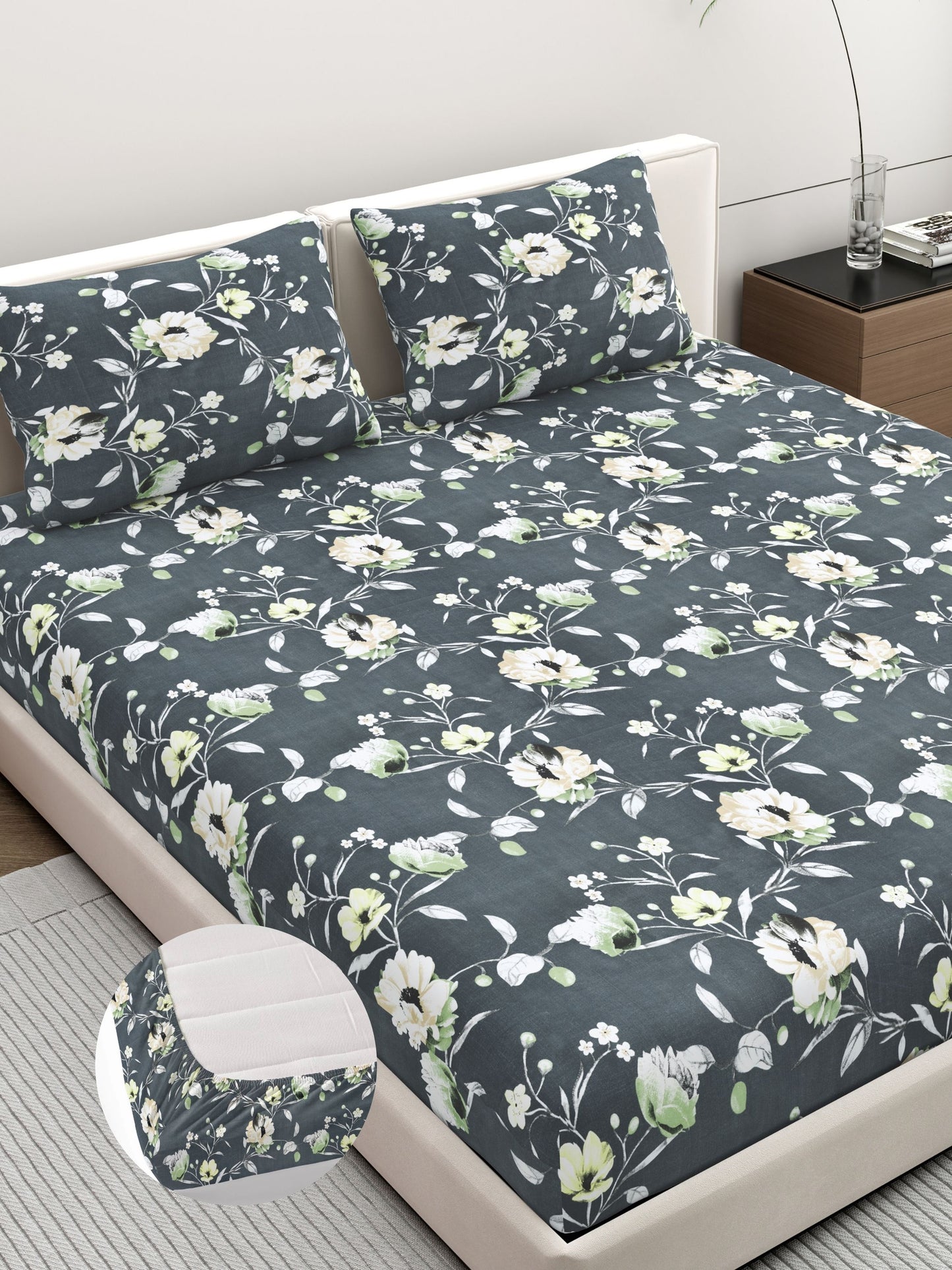 Dreamscape Wrinkle Free Floral Bedsheet Set | 120 GSM | Dark Grey