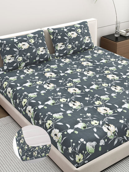 Dreamscape Wrinkle Free Floral Bedsheet Set | 120 GSM | Dark Grey