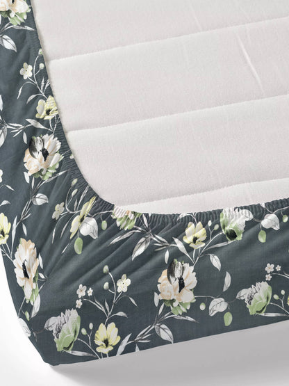 Dreamscape Wrinkle Free Floral Bedsheet Set | 120 GSM | Dark Grey