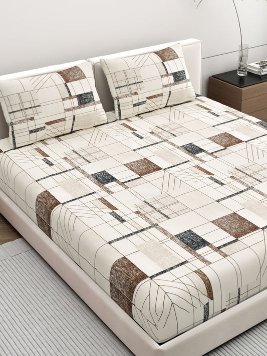Dreamscape Wrinkle Free Abstract Bedsheet Set | 120 GSM | Beige