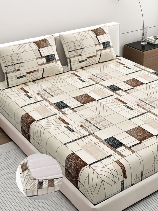 Dreamscape Wrinkle Free Geometric Bedsheet Set | 120 GSM | Light Brown