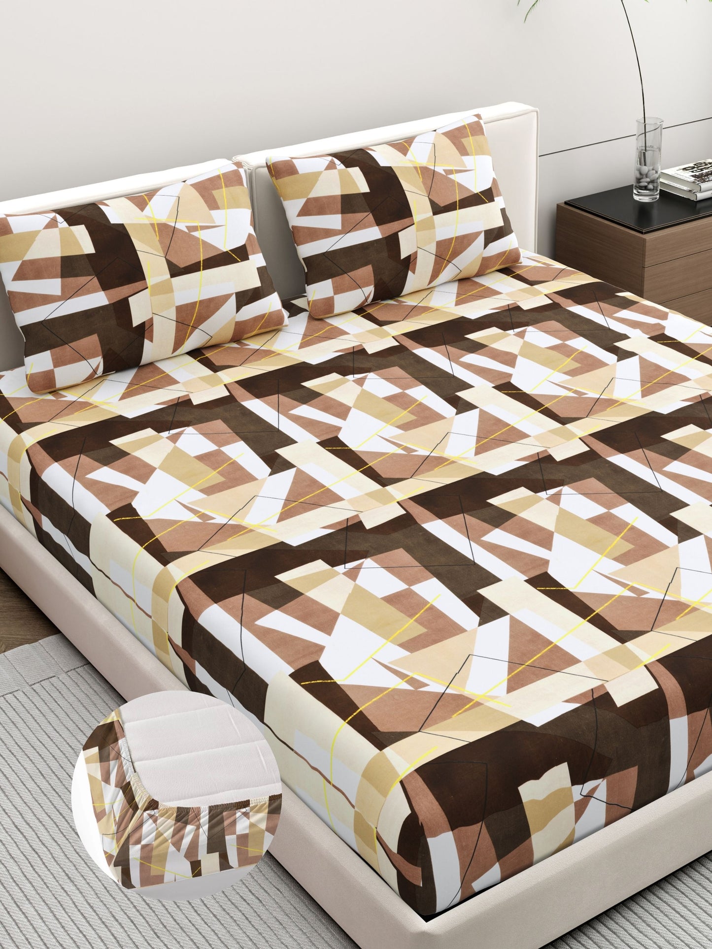 Dreamscape Wrinkle Free Abstract Bedsheet Set | 120 GSM | Brown