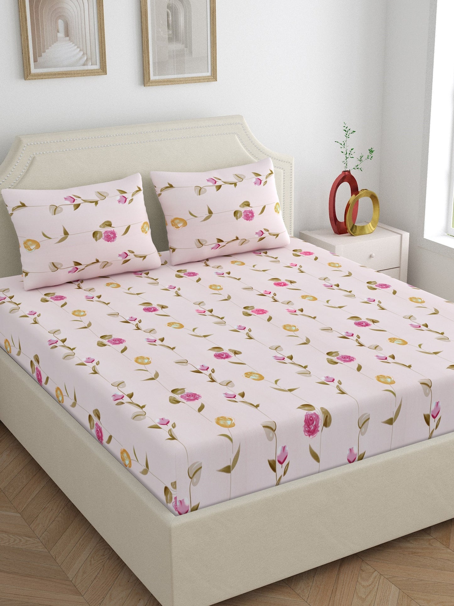 Dreamscape Wrinkle Free Floral Bedsheet Set | 120 GSM | Pink