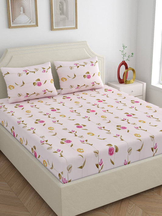 Dreamscape Wrinkle Free Floral Bedsheet Set | 120 GSM | Pink