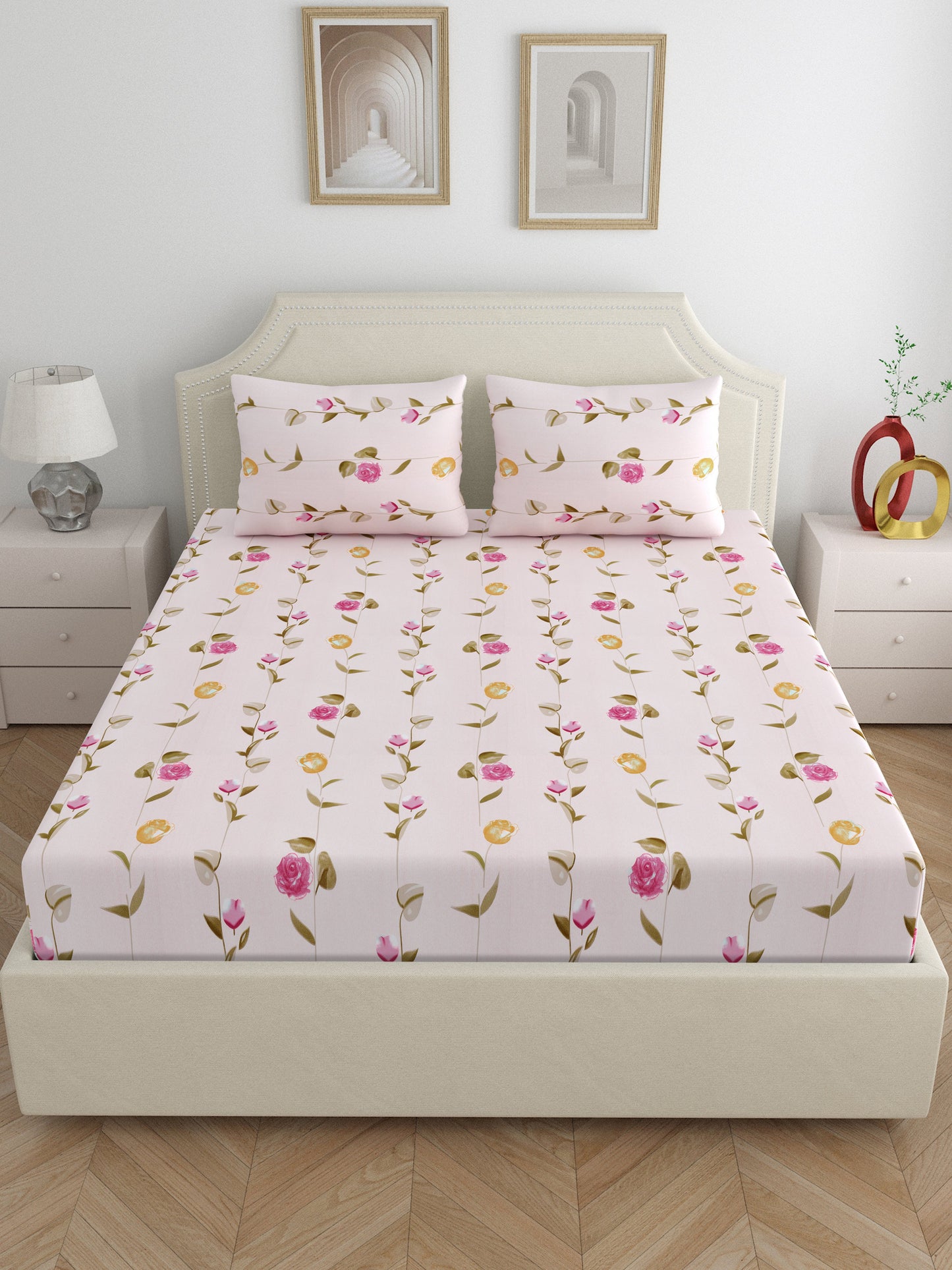 Dreamscape Wrinkle Free Floral Bedsheet Set | 120 GSM | Pink
