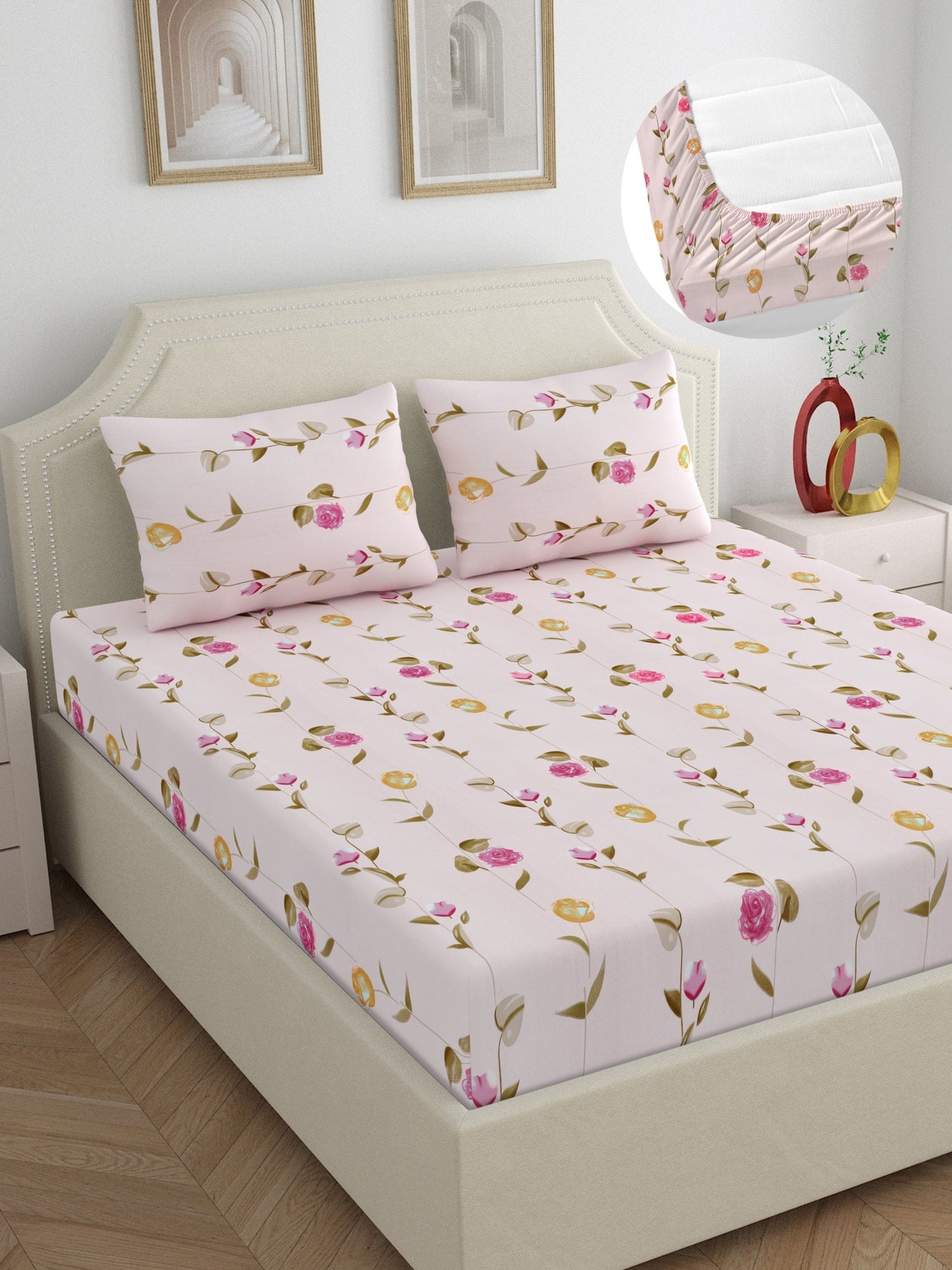 Dreamscape Wrinkle Free Floral Bedsheet Set | 120 GSM | Pink