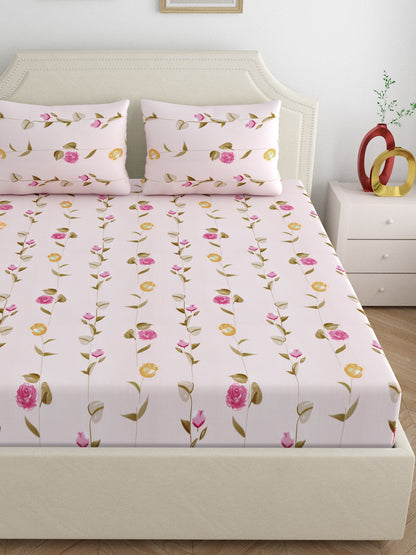 Dreamscape Wrinkle Free Floral Bedsheet Set | 120 GSM | Pink