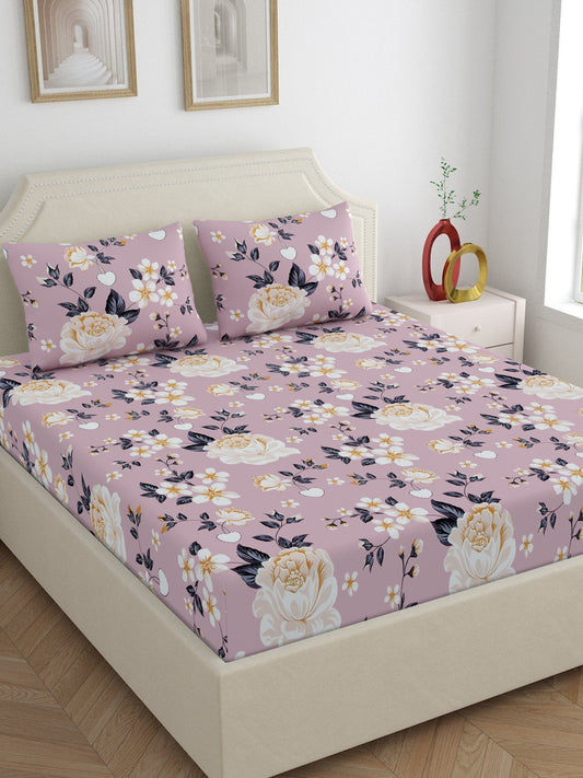 Home Ecstasy Wrinkle Free Floral Bedsheet Set | 120 GSM | Purple