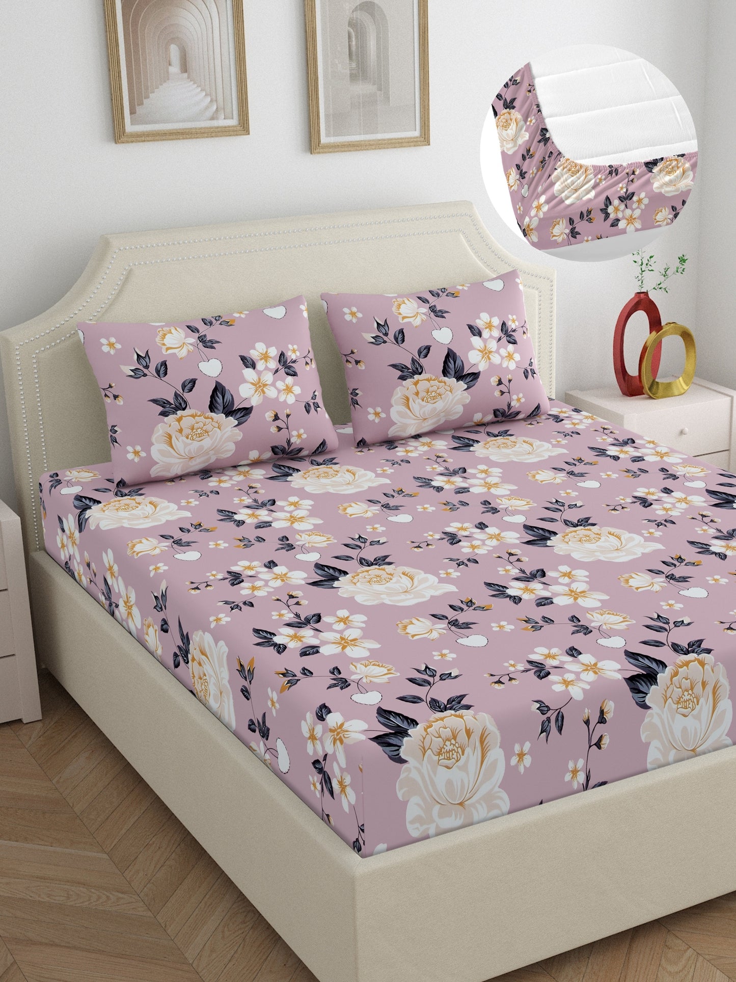 Home Ecstasy Wrinkle Free Floral Bedsheet Set | 120 GSM | Purple