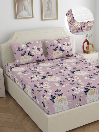 Home Ecstasy Wrinkle Free Floral Bedsheet Set | 120 GSM | Purple
