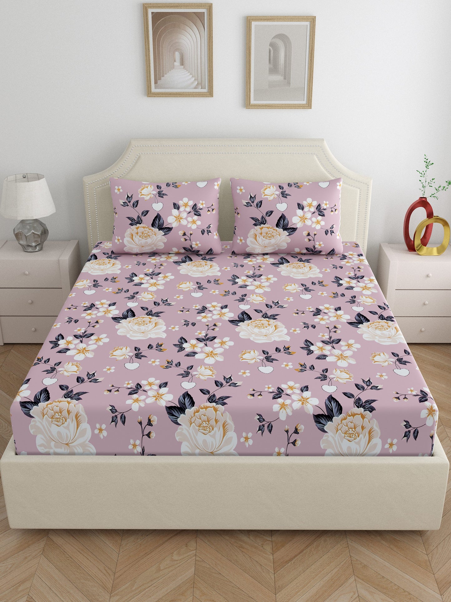 Home Ecstasy Wrinkle Free Floral Bedsheet Set | 120 GSM | Purple