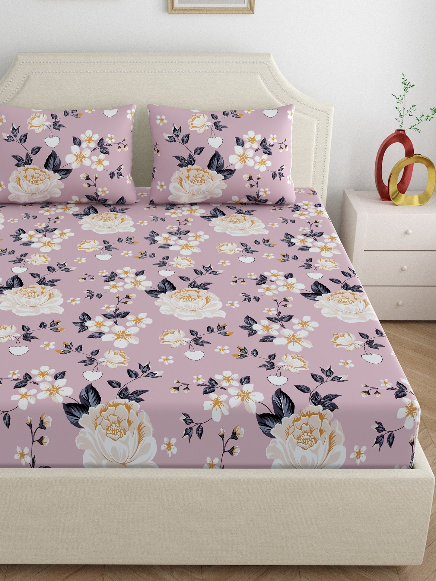 Home Ecstasy Wrinkle Free Floral Bedsheet Set | 120 GSM | Purple