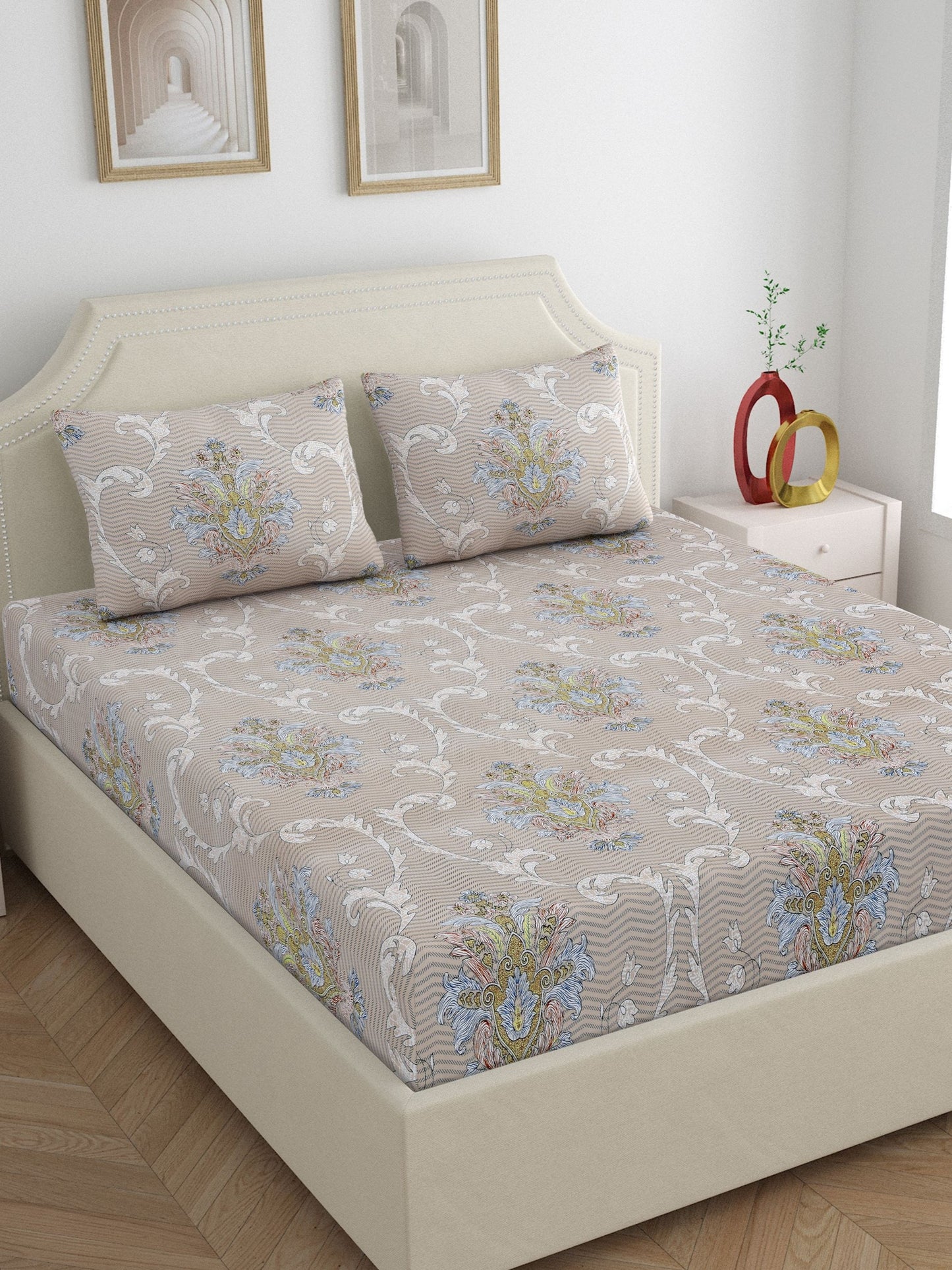 Dreamscape Wrinkle Free Floral Bedsheet Set | 120 GSM | Beige