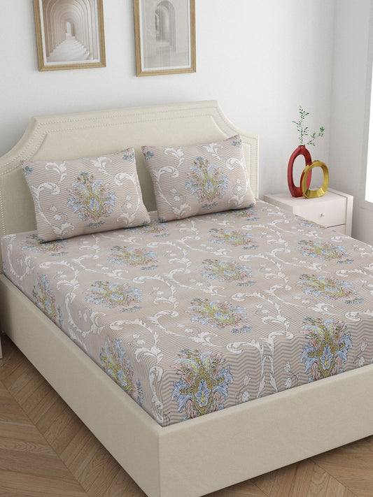 Dreamscape Wrinkle Free Floral Bedsheet Set | 120 GSM | Beige