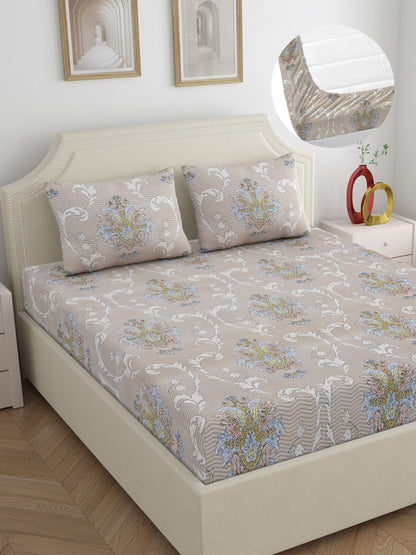 Dreamscape Wrinkle Free Floral Bedsheet Set | 120 GSM | Beige