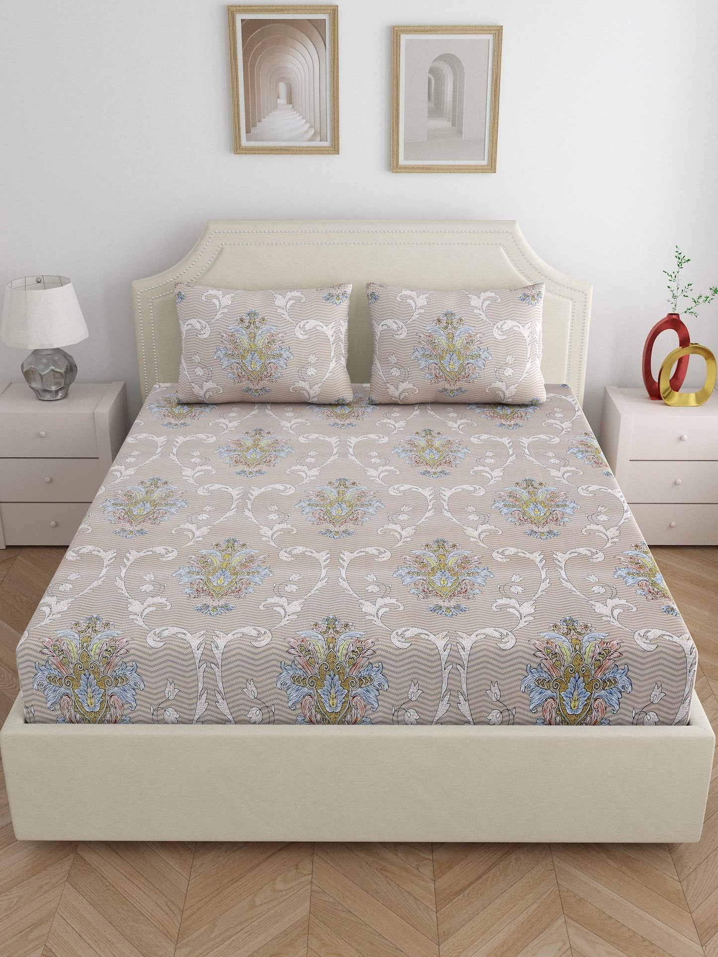 Dreamscape Wrinkle Free Floral Bedsheet Set | 120 GSM | Beige