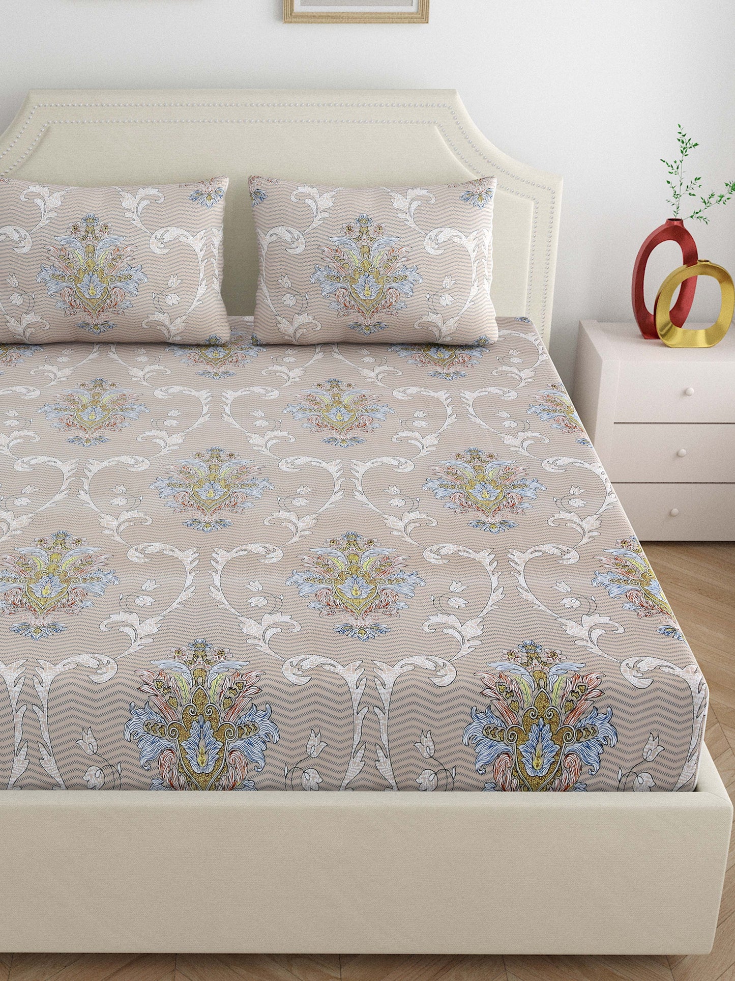 Dreamscape Wrinkle Free Floral Bedsheet Set | 120 GSM | Beige