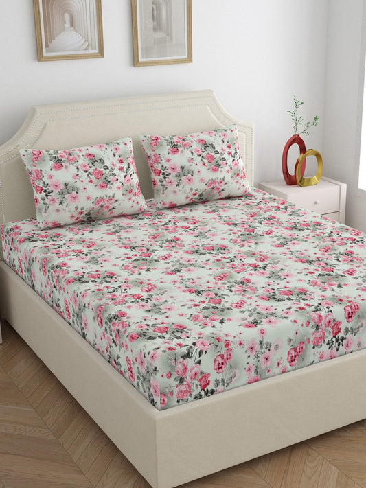 Dreamscape Wrinkle Free Floral Bedsheet Set | 120 GSM | Pink