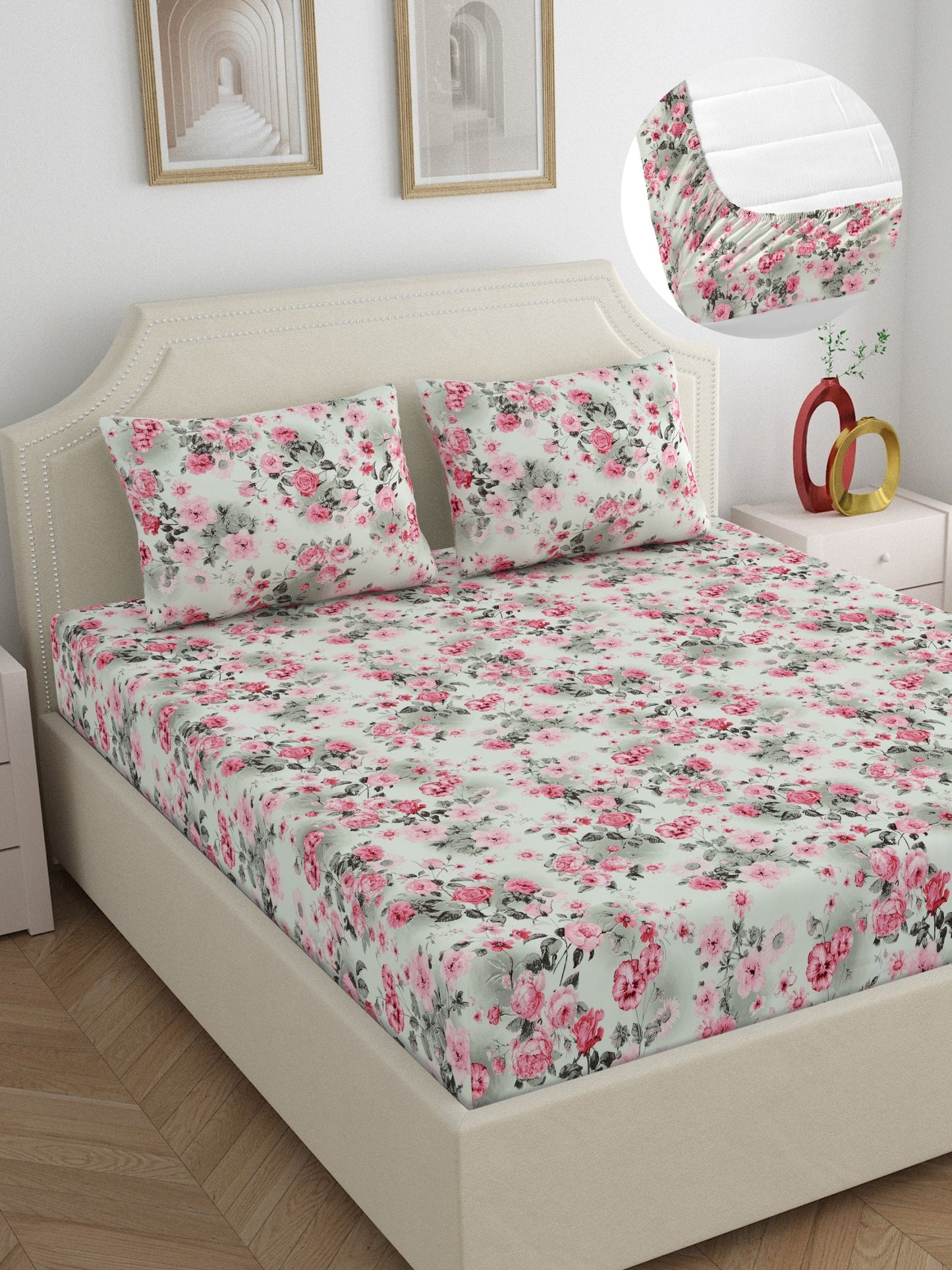 Dreamscape Wrinkle Free Floral Bedsheet Set | 120 GSM | Pink