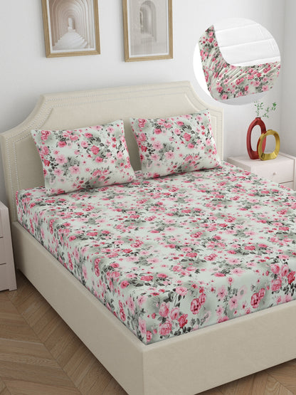 Dreamscape Wrinkle Free Floral Bedsheet Set | 120 GSM | Pink