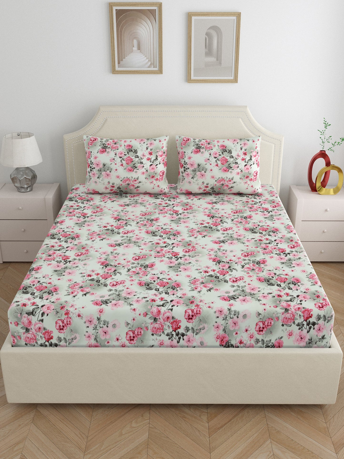 Dreamscape Wrinkle Free Floral Bedsheet Set | 120 GSM | Pink