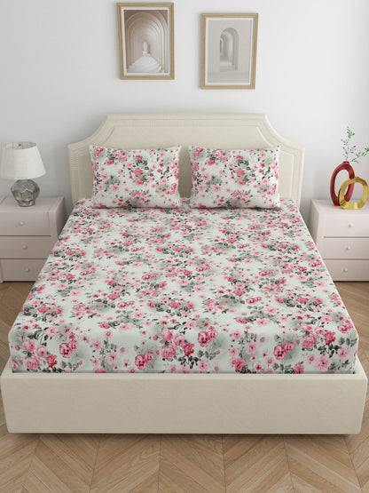 Dreamscape Wrinkle Free Floral Bedsheet Set | 120 GSM | Pink