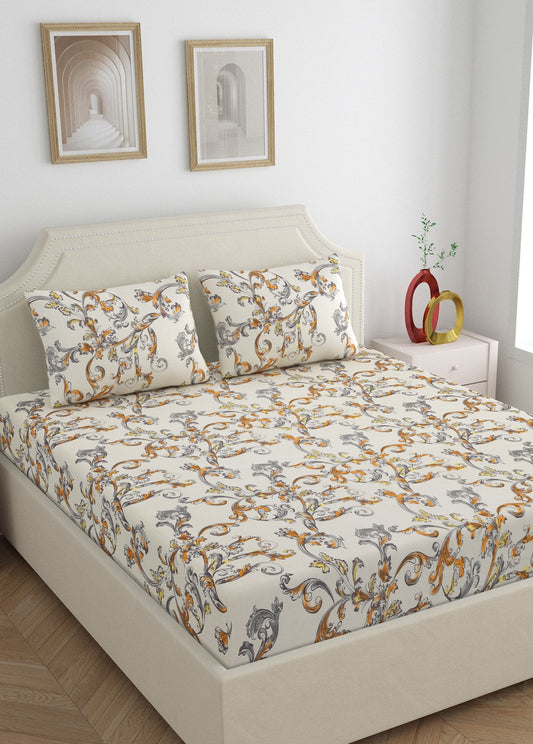 Home Ecstasy Wrinkle Free Floral Bedsheet Set | 140 GSM | Beige