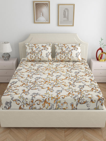 Home Ecstasy Wrinkle Free Floral Bedsheet Set | 140 GSM | Beige