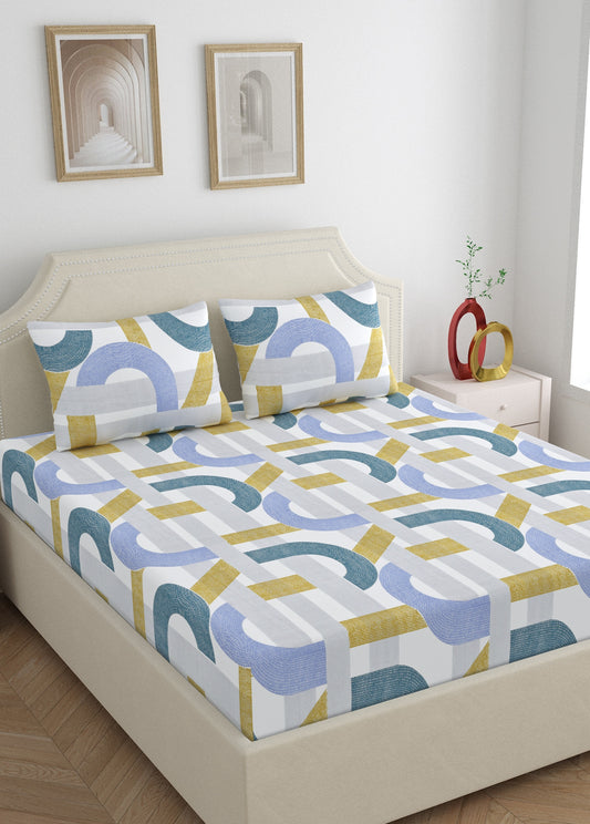 Home Ecstasy Wrinkle Free GEometric Bedsheet Set | 140 | Blue