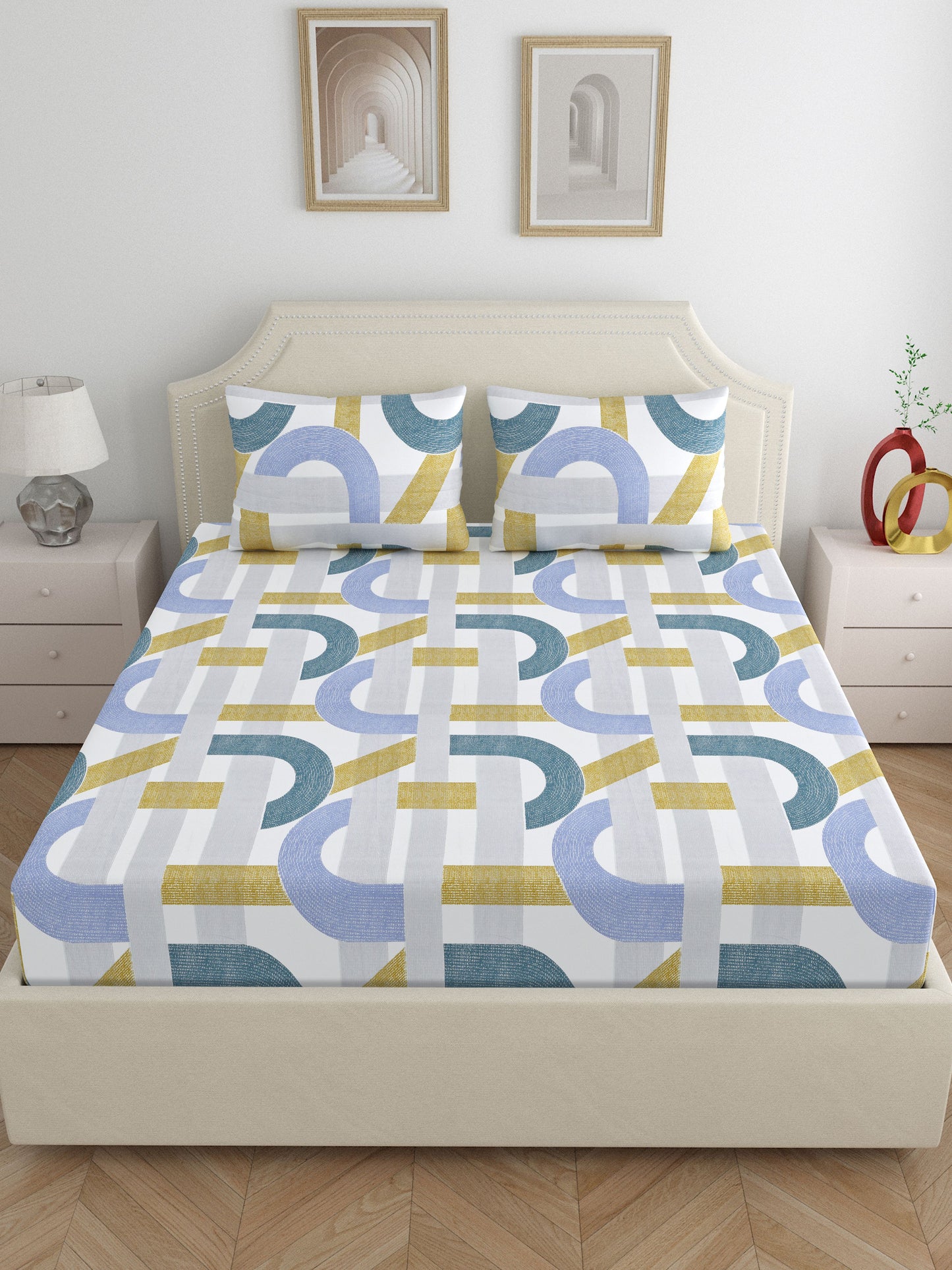 Home Ecstasy Wrinkle Free GEometric Bedsheet Set | 140 | Blue