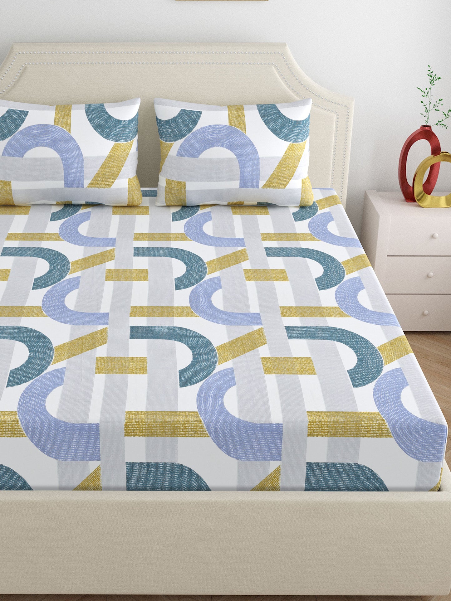 Home Ecstasy Wrinkle Free GEometric Bedsheet Set | 140 | Blue