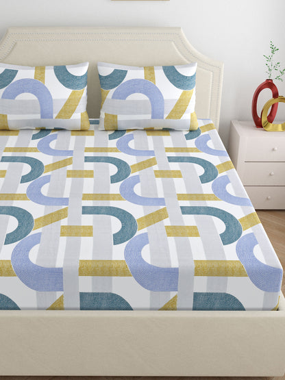 Home Ecstasy Wrinkle Free GEometric Bedsheet Set | 140 | Blue