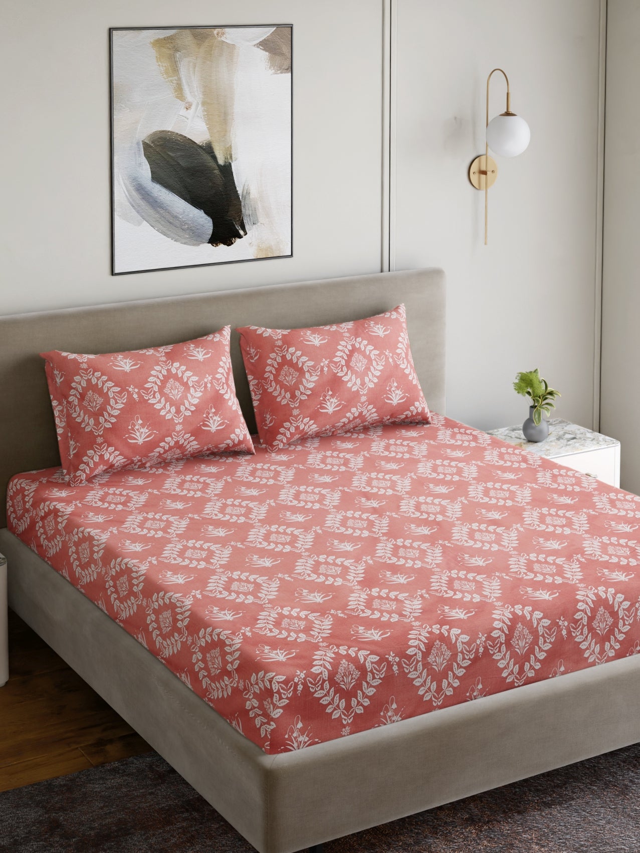 Dreamscape Wrinkle and Fade Resistant 140 GSM Floral Bedsheet Set - Colour: Coral