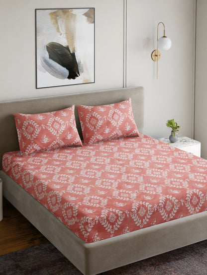 Dreamscape Wrinkle and Fade Resistant 140 GSM Floral Bedsheet Set - Colour: Coral