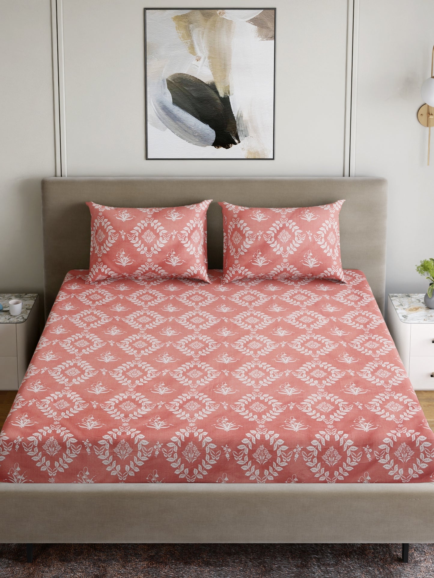 Dreamscape Wrinkle and Fade Resistant 140 GSM Floral Bedsheet Set - Colour: Coral