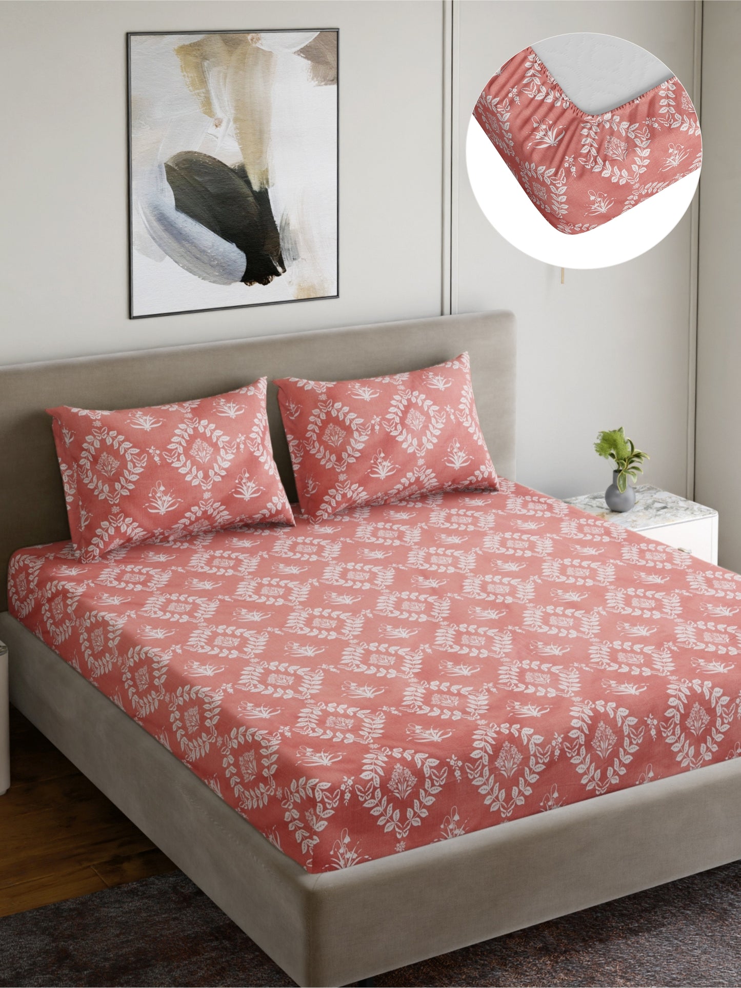 Dreamscape Wrinkle and Fade Resistant 140 GSM Floral Bedsheet Set - Colour: Coral
