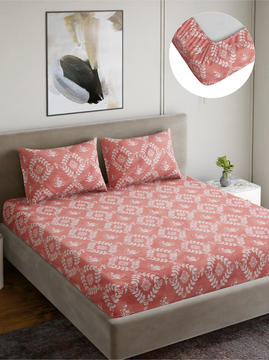 Dreamscape Wrinkle and Fade Resistant 140 GSM Floral Bedsheet Set - Colour: Coral