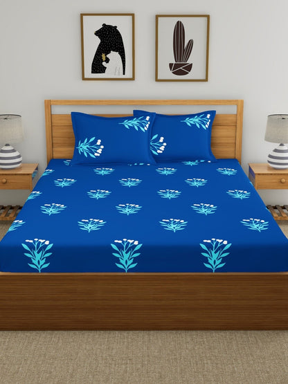 Home Ecstasy 100% Cotton Floral Bedsheet Set | 140 TC | Blue